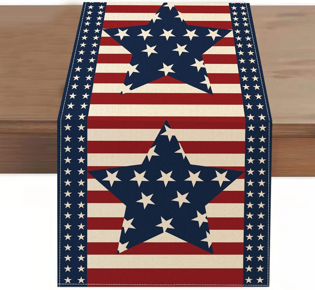 4th of July Table Runner 13 x 72 Inches, Patriotic Memorial Independence Day Decoration Linen Table Runners for Farmhouse Kitchen Dining (13” x 72”, Blue/Star)